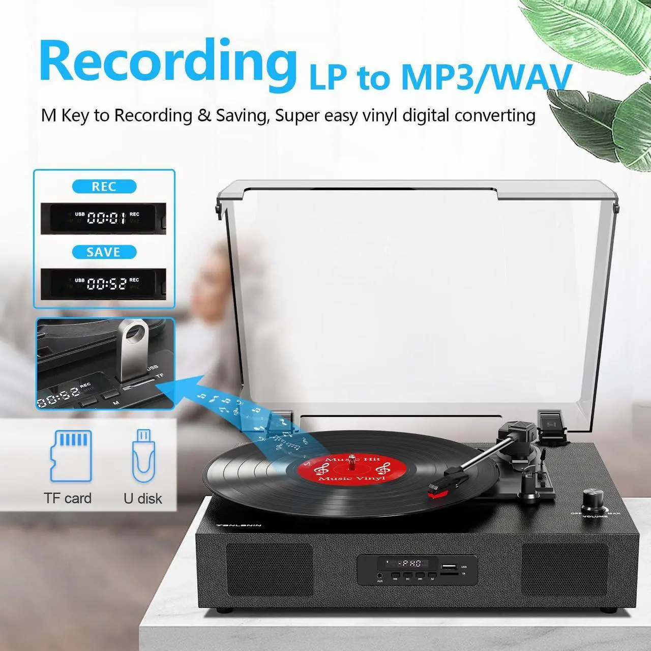 Alt view image 3 of 5 - Vinyl Record Player with Speakers, Belt-Drive 3 Speed Vintage Bluetooth Turntable, USB Recording, AUX-in & RCA Line Out LP Player, Black