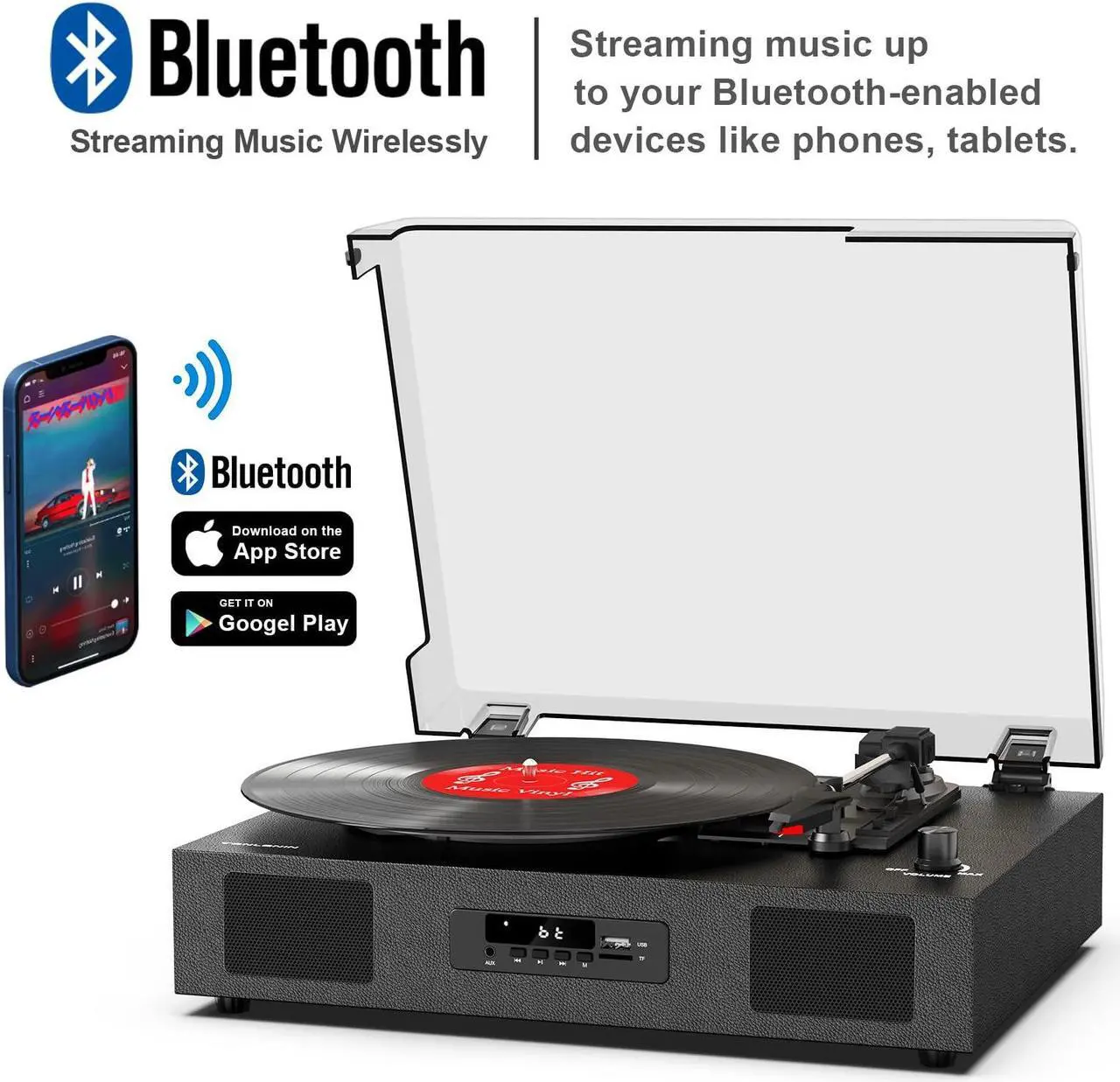 Alt view image 4 of 5 - Vinyl Record Player with Speakers, Belt-Drive 3 Speed Vintage Bluetooth Turntable, USB Recording, AUX-in & RCA Line Out LP Player, Black