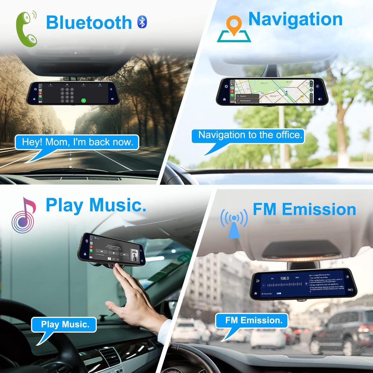 Alt view image 2 of 5 - Oncheer 12" 2K Smart Rear View Mirror Camera, in-Mirror Dash Cam Front and Rear Video Players, Backup Camera Mirror Support Apple CarPlay & Android Auto for All Vehicles, Parking Monitoring, 64GB Card