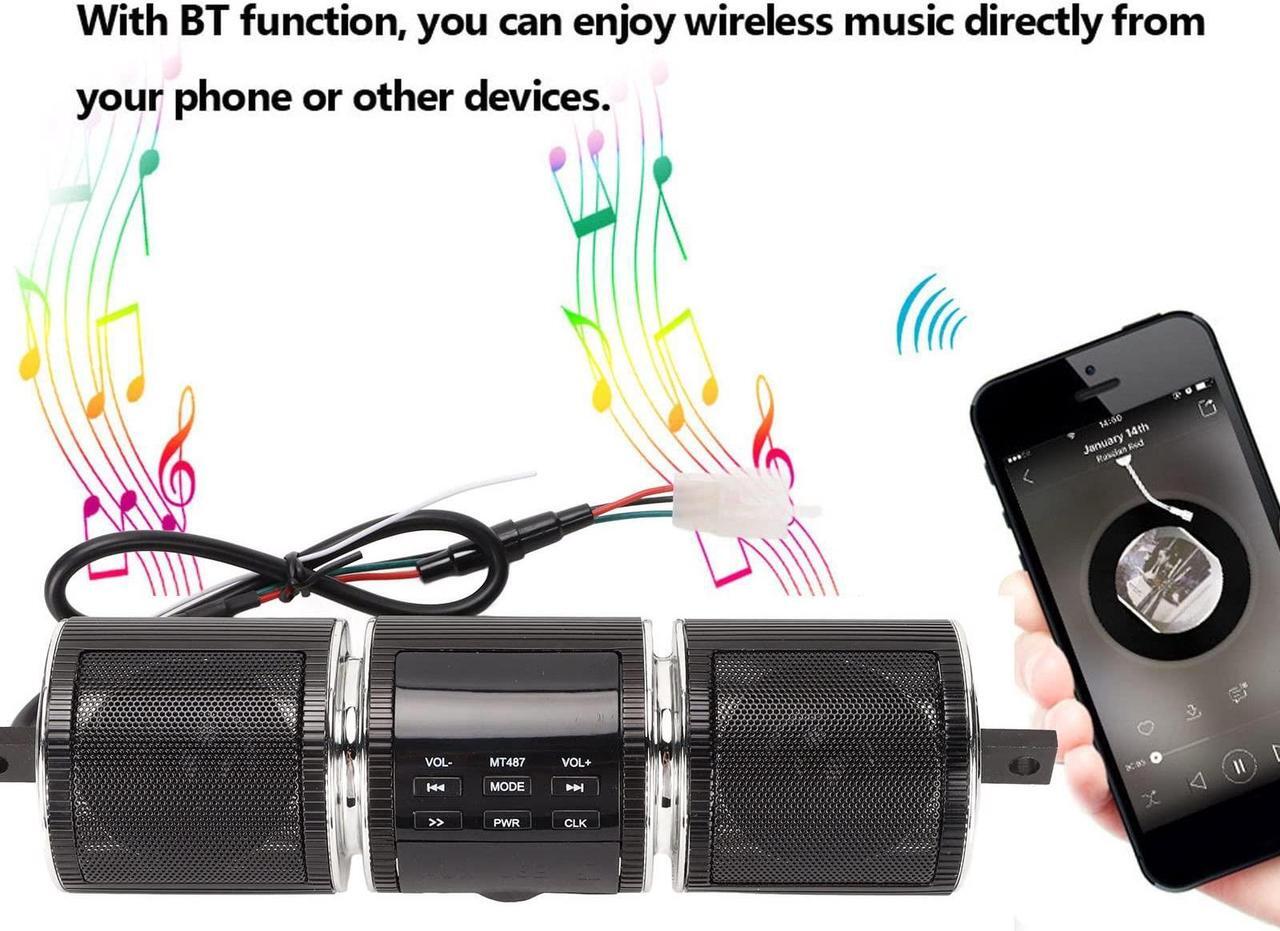 Alt view image 4 of 5 - Waterproof Bluetooth Motorcycle Stereo Speakers, Built in Installation Tool, Plug and Play, 10M Connections Distance, DC 12V Audio Sound System for 7/8 to 1.25 in Handlebars(Black)