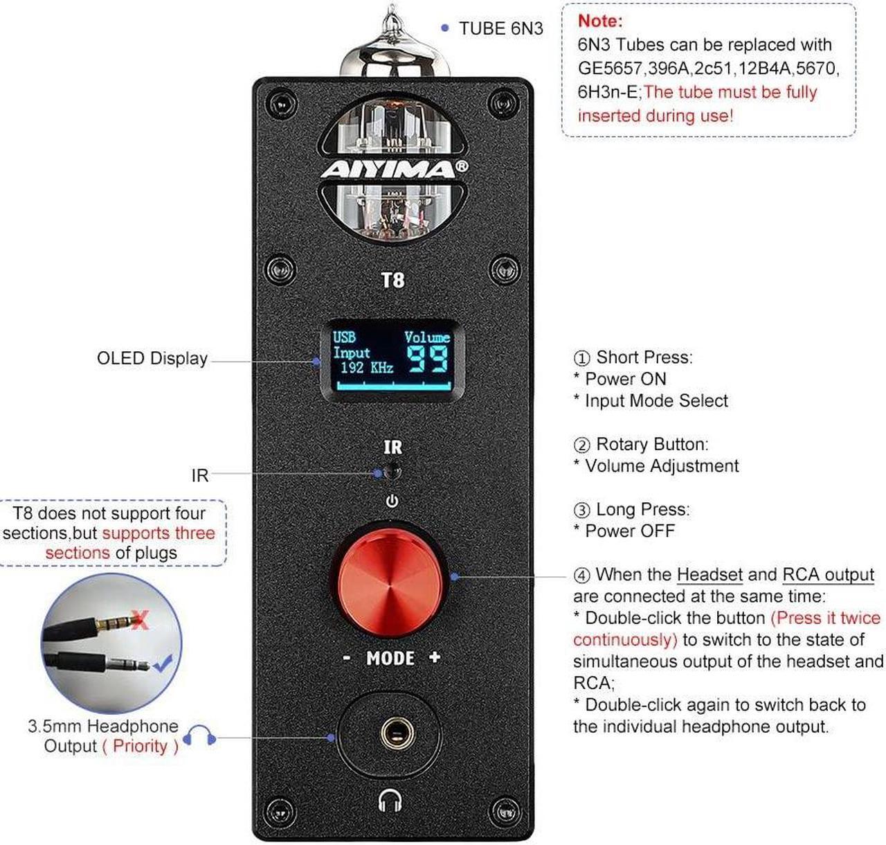 Alt view image 3 of 5 - AIYIMA T8 6N3 Digital Tube Preamplifier Bluetooth 5.0 Hi-Fi Headphone Preamp Decoder Preamp PC-USB DAC APTX for Home Wireless Receiver Audio Stereo Amplifier + with Remote Control