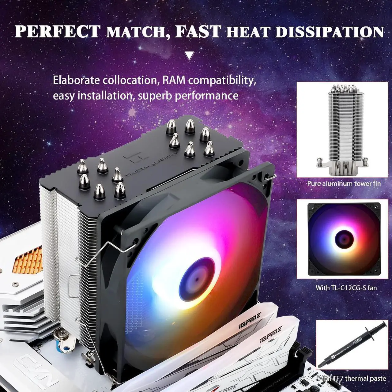 Alt view image 4 of 5 - Thermalright BA120 ARGB CPU Air Cooler, 6 Heat Pipes, TL-C12CG-S PWM Quiet Fan CPU Cooler with S-FDB Bearing, for AMD AM4/AM5 Intel LGA1700/1150/1151/1200