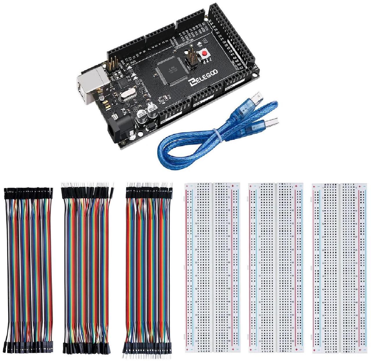 Main image of ELEGOO MEGA R3 Board ATmega 2560 + USB Cable & ELEGOO 120pcs Multicolored Dupont Wire & ELEGOO 3pcs Breadboard 830 Point Solderless Prototype PCB Board Kit