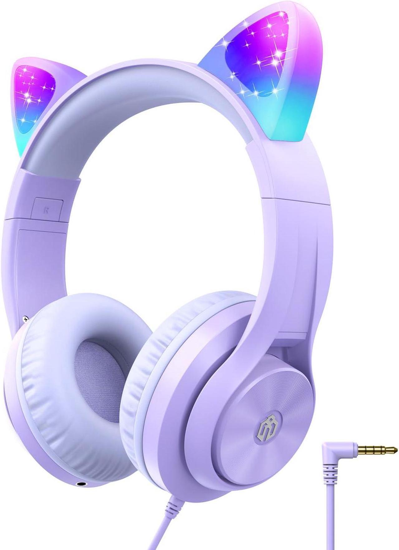 Main image of iClever Kids Headphones with Cat Ear Led Light Up, Safe Volume Limite Kids Wired Headphones with FunShare Foldable Over-Ear Headphones for Kids/School/iPad/Tablet/Travel, Meow Donut-Purple