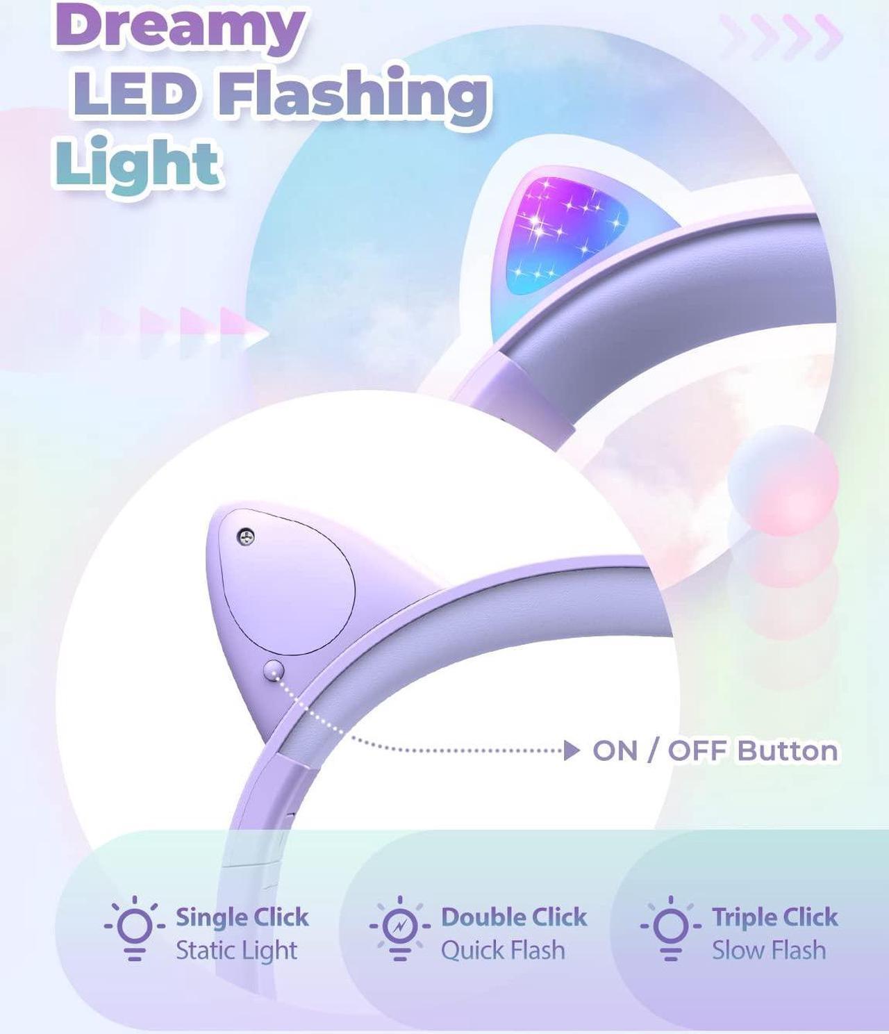 Alt view image 2 of 5 - iClever Kids Headphones with Cat Ear Led Light Up, Safe Volume Limite Kids Wired Headphones with FunShare Foldable Over-Ear Headphones for Kids/School/iPad/Tablet/Travel, Meow Donut-Purple
