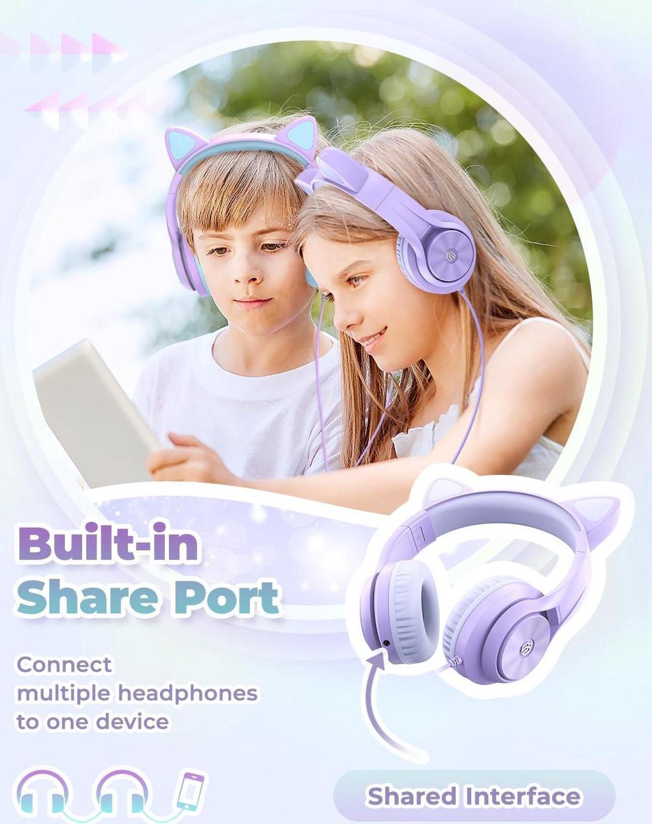 Alt view image 3 of 5 - iClever Kids Headphones with Cat Ear Led Light Up, Safe Volume Limite Kids Wired Headphones with FunShare Foldable Over-Ear Headphones for Kids/School/iPad/Tablet/Travel, Meow Donut-Purple