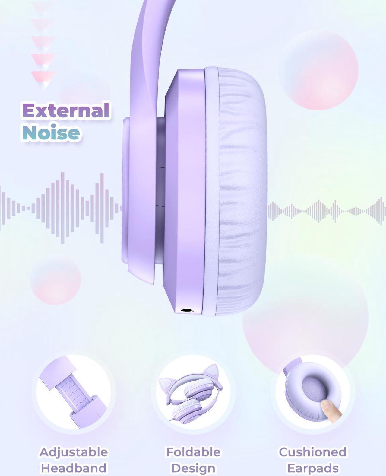 Alt view image 5 of 5 - iClever Kids Headphones with Cat Ear Led Light Up, Safe Volume Limite Kids Wired Headphones with FunShare Foldable Over-Ear Headphones for Kids/School/iPad/Tablet/Travel, Meow Donut-Purple