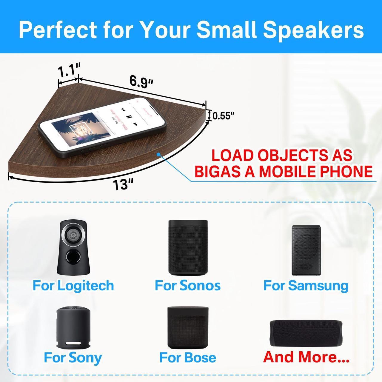 Alt view image 2 of 5 - Corner Speaker Shelf for Small Speaker Wall Mount, Wooden Floating Shelves for Samsung, Sony, Bose, LG, JBL Bluetooth Speaker Mounts - Floating Corner Shelf for Most of Satellite Speakers, Set of 2