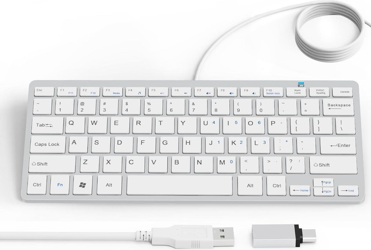Main image of Ultra-Slim 78keys USB Mini Wired Keyboard with Media Hotkeys for Apple Mac Pro, MacBook 56Pro/ iMac, Air, Mac Mini, Laptop Computers, Windows Desktop PC 11/10/8/7, with USB-A to C OTG Adapter, White