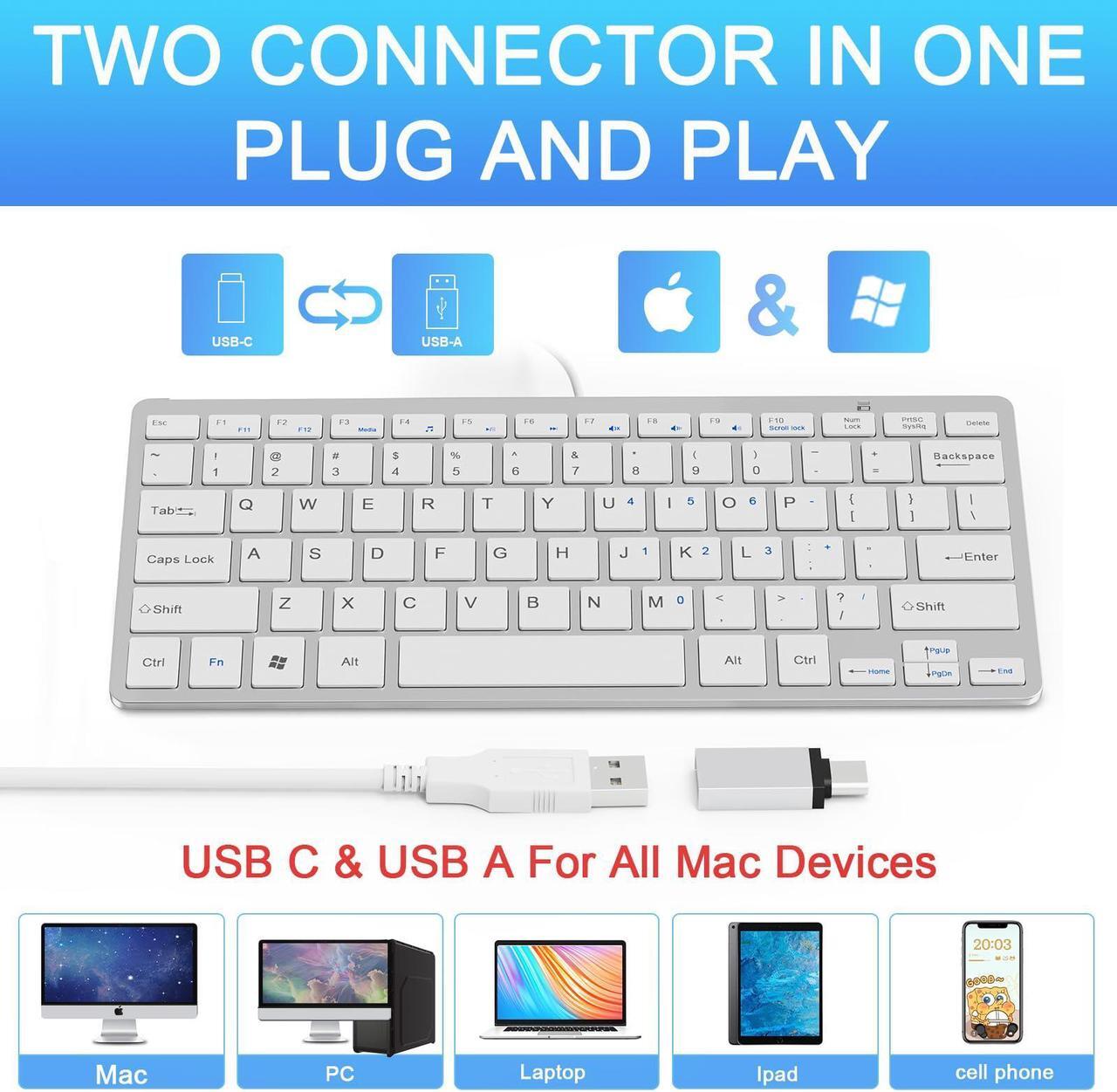 Alt view image 2 of 5 - Ultra-Slim 78keys USB Mini Wired Keyboard with Media Hotkeys for Apple Mac Pro, MacBook 56Pro/ iMac, Air, Mac Mini, Laptop Computers, Windows Desktop PC 11/10/8/7, with USB-A to C OTG Adapter, White
