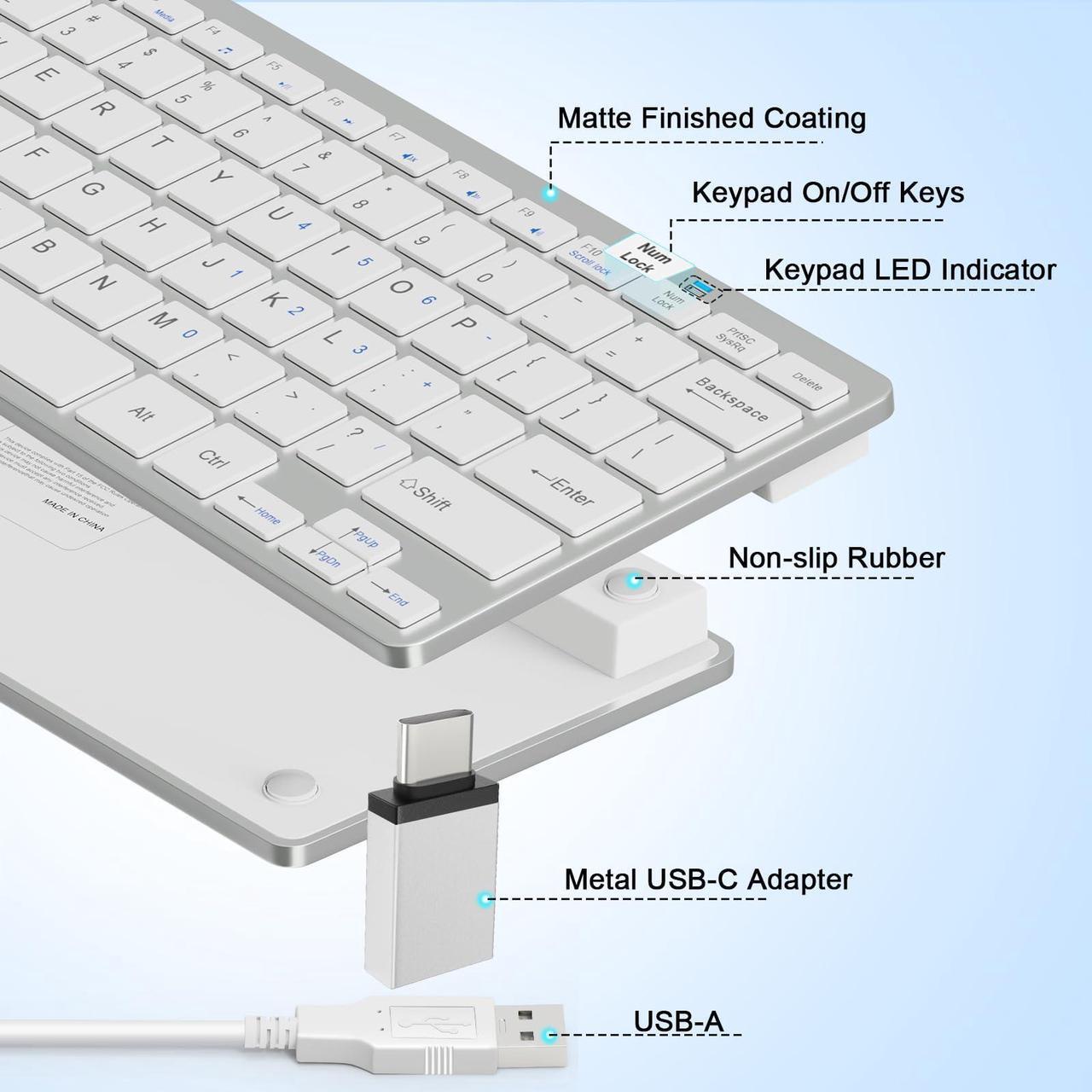 Alt view image 3 of 5 - Ultra-Slim 78keys USB Mini Wired Keyboard with Media Hotkeys for Apple Mac Pro, MacBook 56Pro/ iMac, Air, Mac Mini, Laptop Computers, Windows Desktop PC 11/10/8/7, with USB-A to C OTG Adapter, White