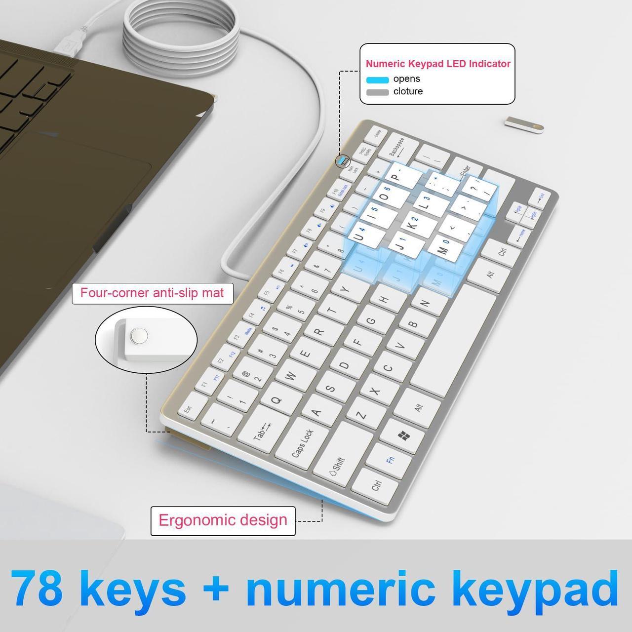 Alt view image 5 of 5 - Ultra-Slim 78keys USB Mini Wired Keyboard with Media Hotkeys for Apple Mac Pro, MacBook 56Pro/ iMac, Air, Mac Mini, Laptop Computers, Windows Desktop PC 11/10/8/7, with USB-A to C OTG Adapter, White