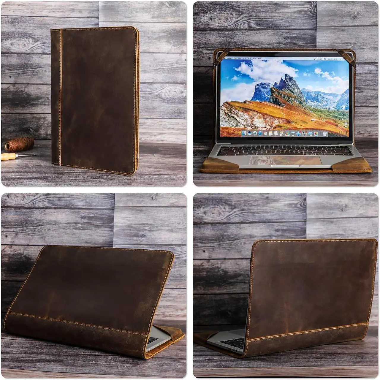 Alt view image 2 of 5 - CataPurus Top Grain Leather 13.3" Slim Laptop Folio Case Protector, Vintage Open Style, Fully Handmade, Compatible with MacBook Pro 13.3" MacBook Air 2022 DELL XPS 13" & Other PC, Coffee 13.3 Inch