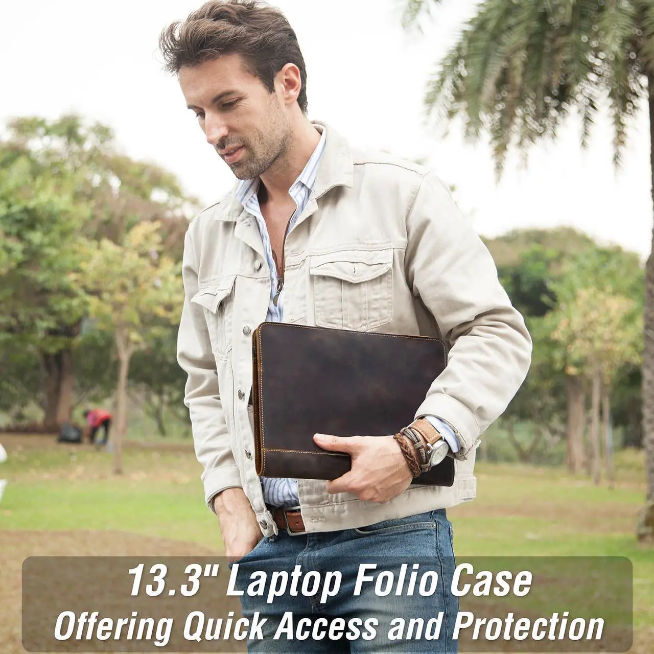 Alt view image 4 of 5 - CataPurus Top Grain Leather 13.3" Slim Laptop Folio Case Protector, Vintage Open Style, Fully Handmade, Compatible with MacBook Pro 13.3" MacBook Air 2022 DELL XPS 13" & Other PC, Coffee 13.3 Inch