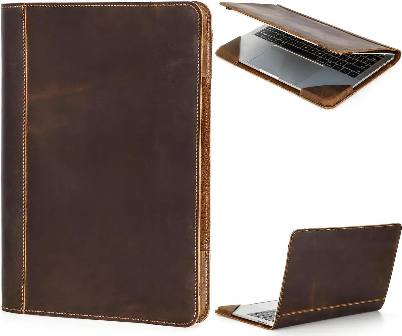 Main image of CataPurus Top Grain Leather 13.3" Slim Laptop Folio Case Protector, Vintage Open Style, Fully Handmade, Compatible with MacBook Pro 13.3" MacBook Air 2022 DELL XPS 13" & Other PC, Coffee 13.3 Inch