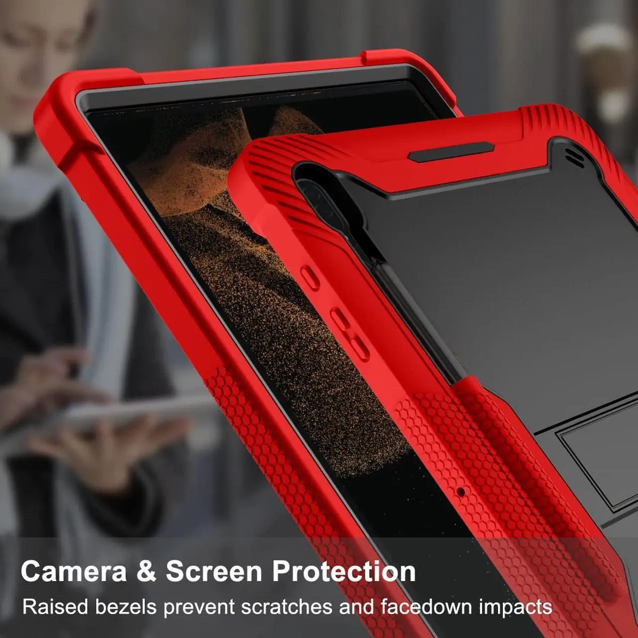Alt view image 3 of 5 - for Samsung Galaxy Tab S8 Ultra (2022) Model[SM-X900/X906] Hybrid Shockproof Rugged Drop Protection Cover with Kickstand 14.6Inch (red/Black)