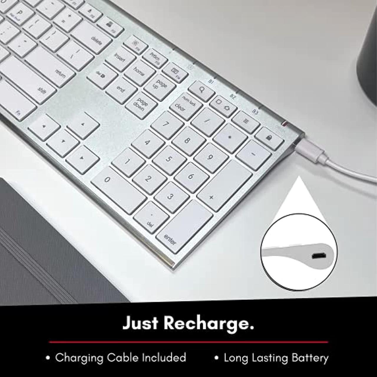 Alt view image 4 of 7 - Wireless Bluetooth Keyboard With Numeric KeypadMulti Device Keyboard For Mac Pro/Mini, Apple Imac, Macbook, Laptop, Computer Windows Pc. Android, Smartphones, Tablets (Aluminum Silver)