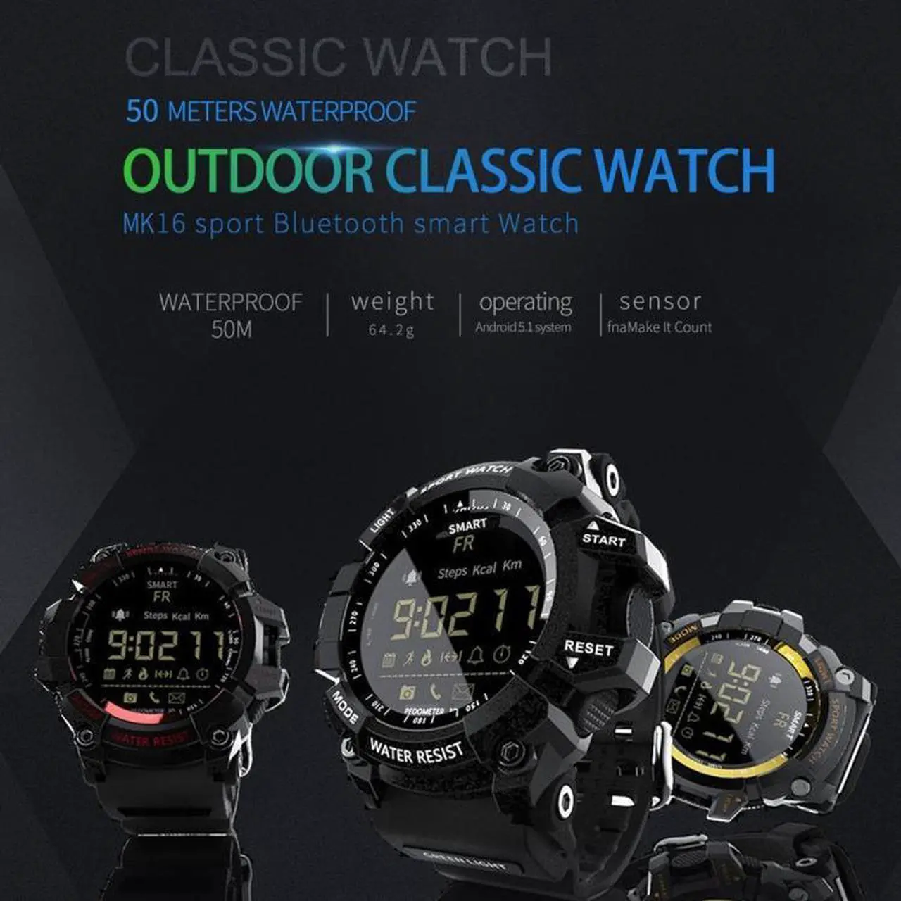 Alt view image 2 of 7 - Lokmat MK16 LCD Screen 50m Waterproof Smart Watch, Support Information Reminder / Remote Camera / Walking Motion Monitor (Gold)