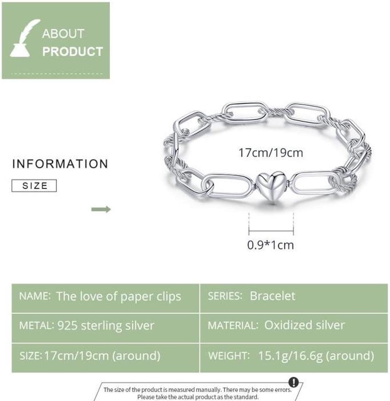 Alt view image 5 of 7 - S925 Sterling Silver Paperclip Love Women Bracelet Jewelry, Size:19cm 19cm
