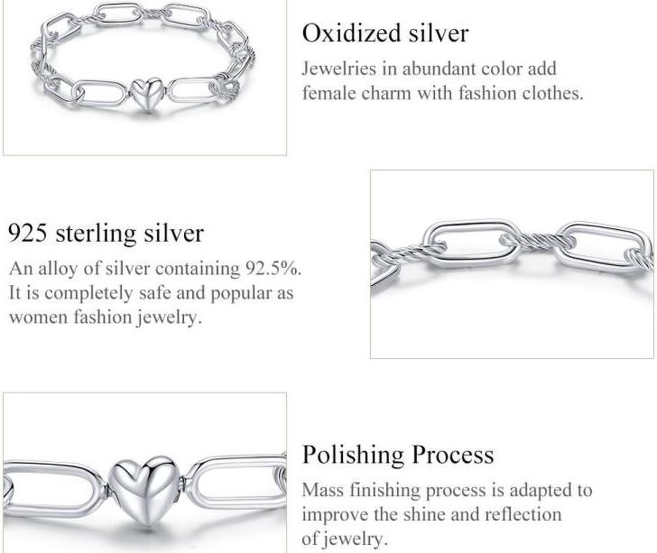 Alt view image 6 of 7 - S925 Sterling Silver Paperclip Love Women Bracelet Jewelry, Size:19cm 19cm