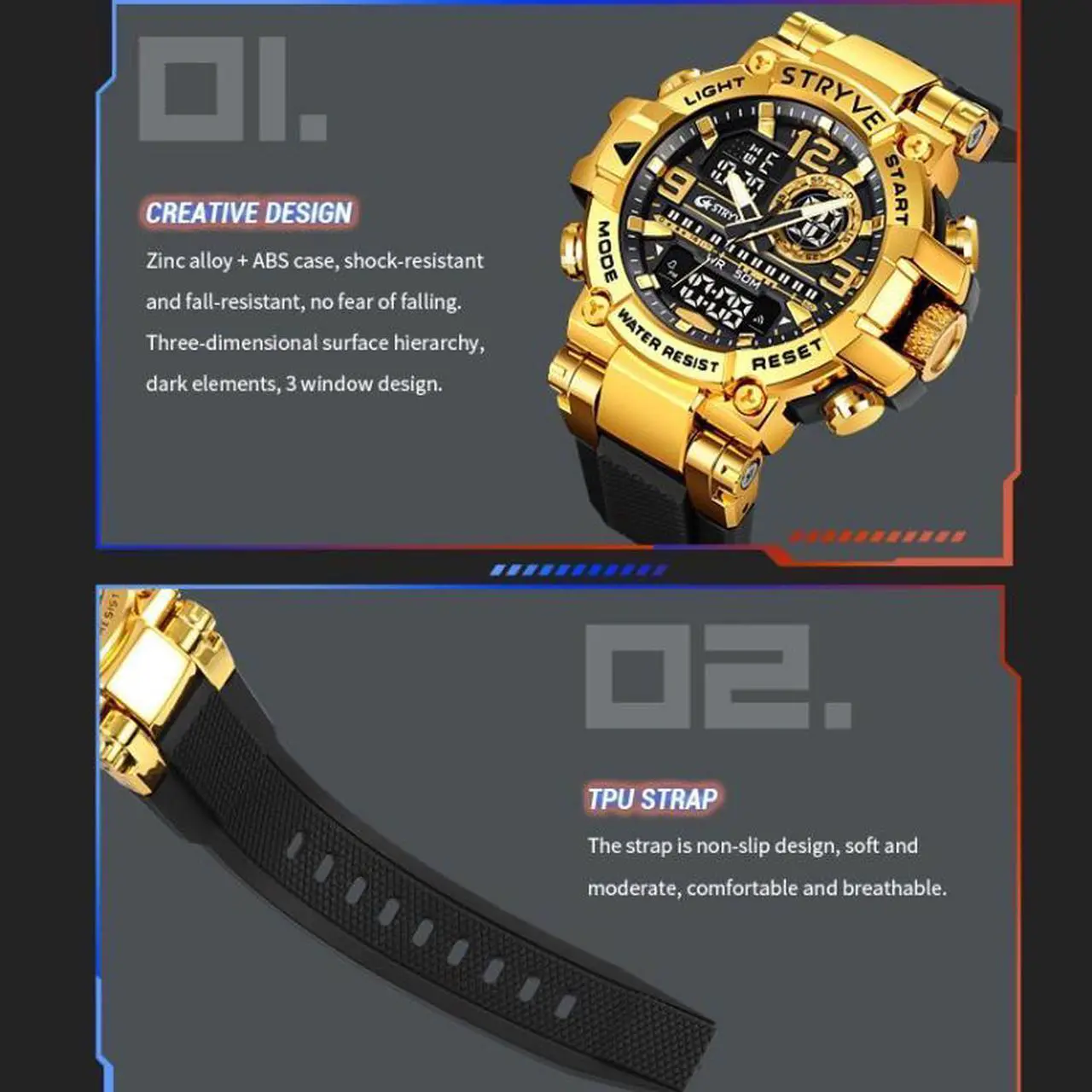 Alt view image 3 of 7 - STRYVE S8025 Sports Night Light Electronic Waterproof Watch Multifunctional Student Watch (Silver White)