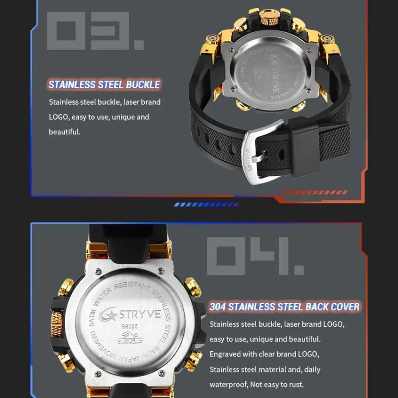 Alt view image 4 of 7 - STRYVE S8025 Sports Night Light Electronic Waterproof Watch Multifunctional Student Watch (Silver White)