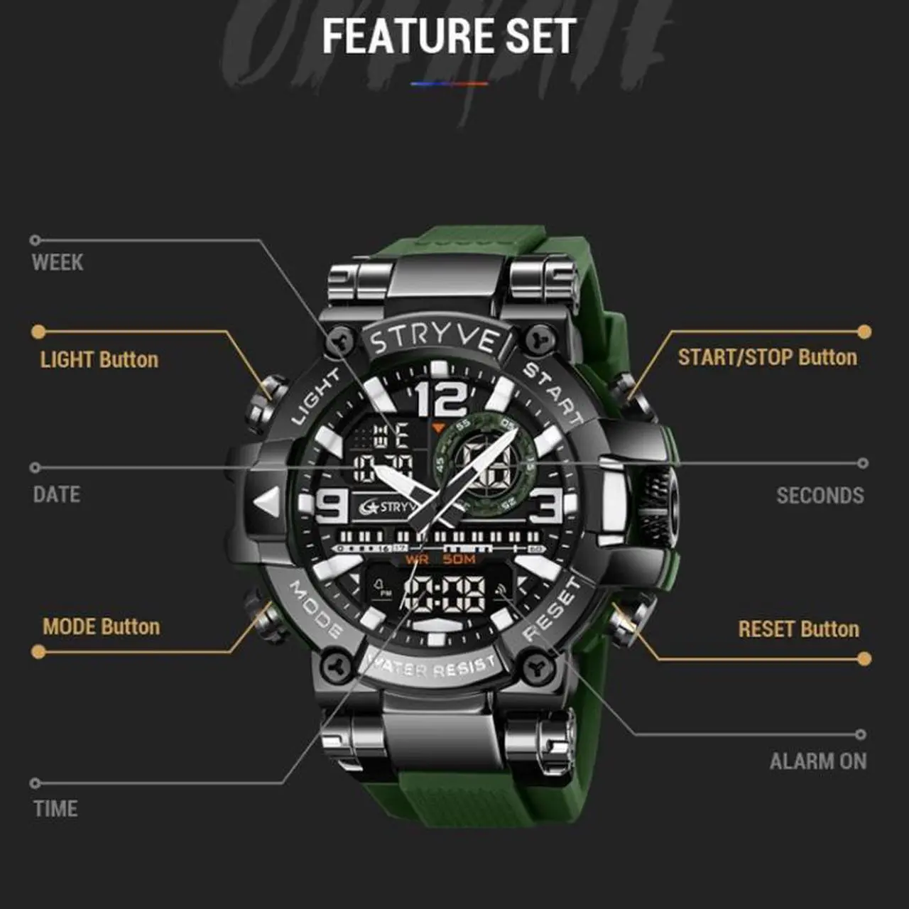 Alt view image 5 of 7 - STRYVE S8025 Sports Night Light Electronic Waterproof Watch Multifunctional Student Watch (Silver White)