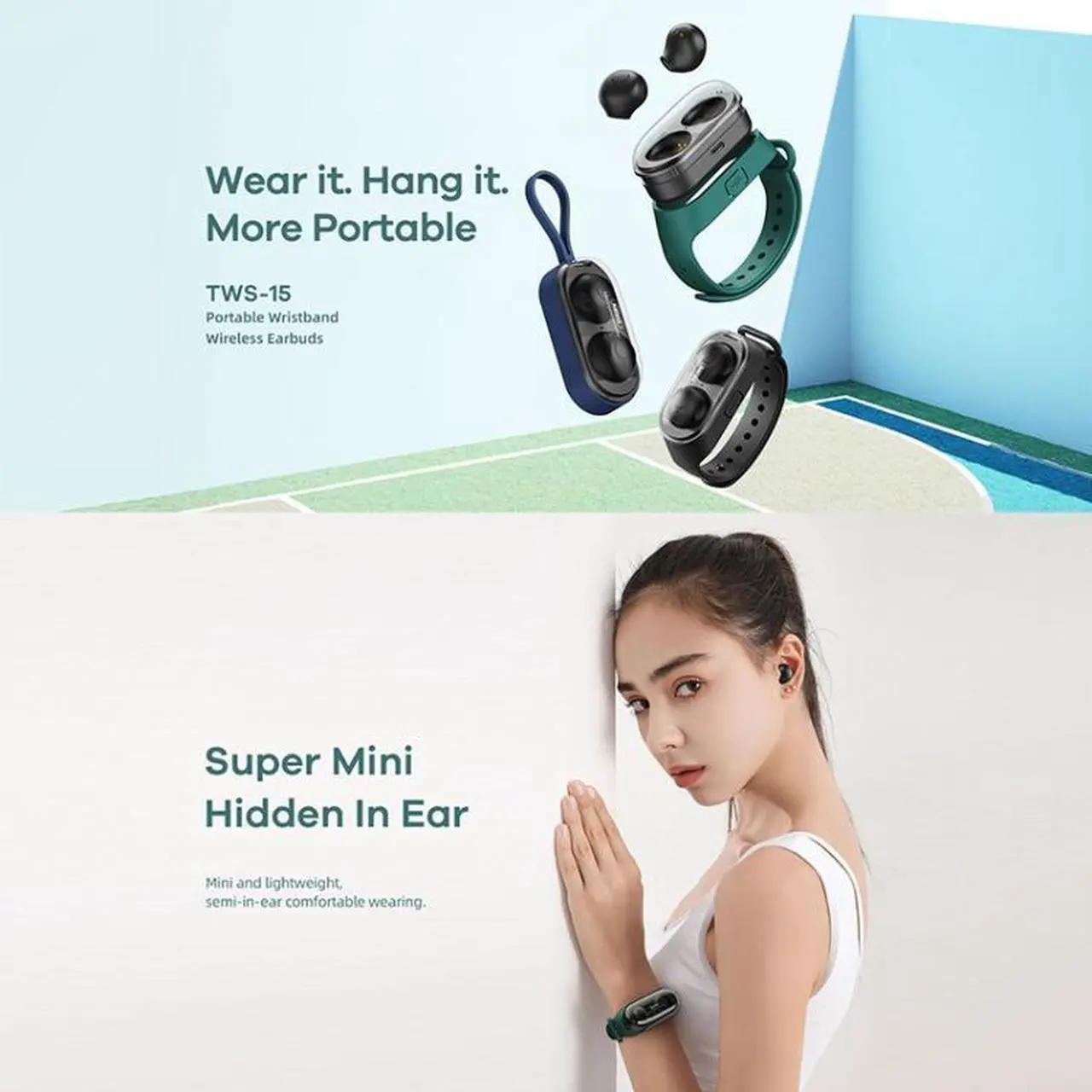 Alt view image 4 of 6 - Remax TWS-15 Bluetooth 5.0 Portable Wristband Style True Wireless Stereo Earphone(Black) (Green)