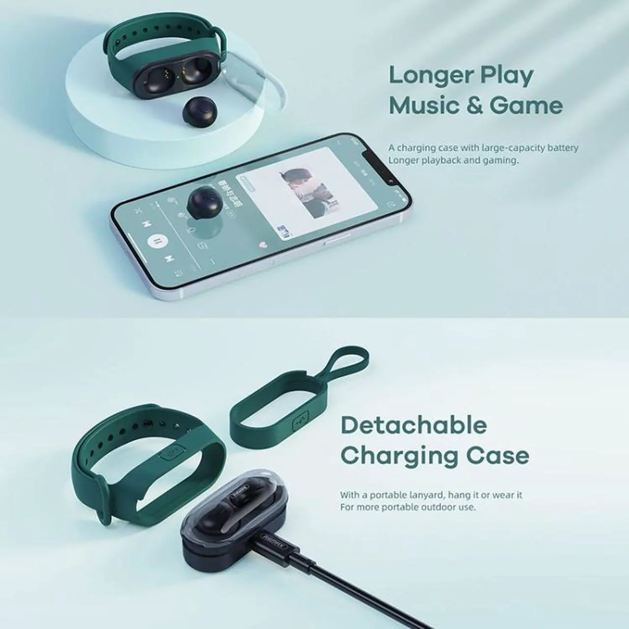 Alt view image 5 of 6 - Remax TWS-15 Bluetooth 5.0 Portable Wristband Style True Wireless Stereo Earphone(Black) (Green)