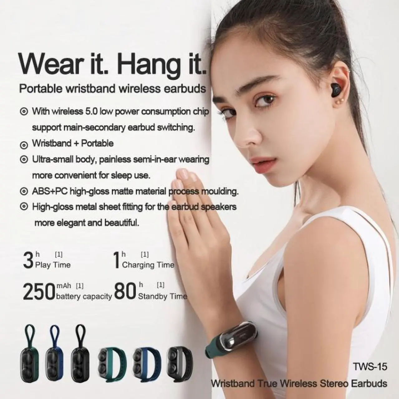 Alt view image 6 of 6 - Remax TWS-15 Bluetooth 5.0 Portable Wristband Style True Wireless Stereo Earphone(Black) (Green)