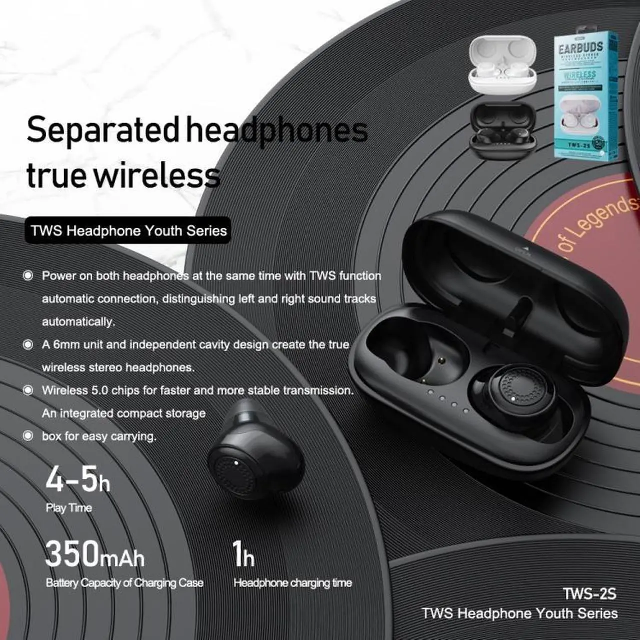 Alt view image 4 of 6 - REMAX TWS-2S Bluetooth 5.0 Stereo True Wireless Bluetooth Earphone with Charging Box(Black) (Black)