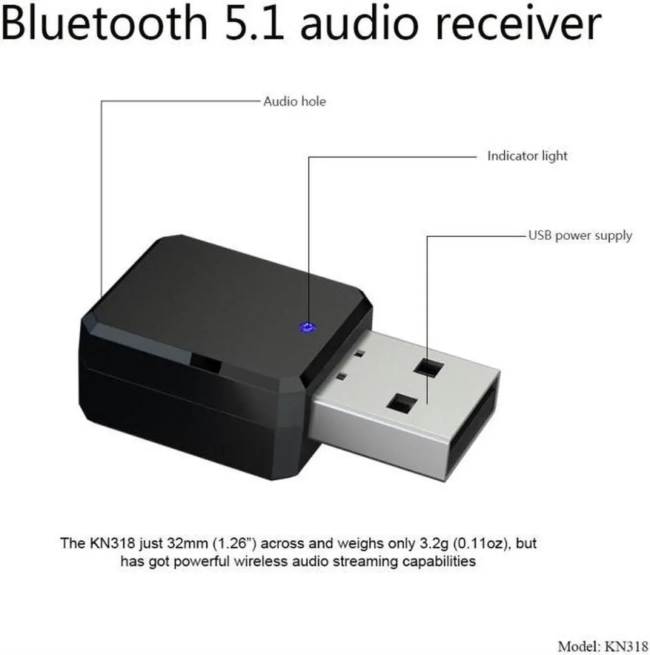 Alt view image 3 of 7 - KN318 USB Bluetooth 5.1 Adapter Audio Receiver KN318