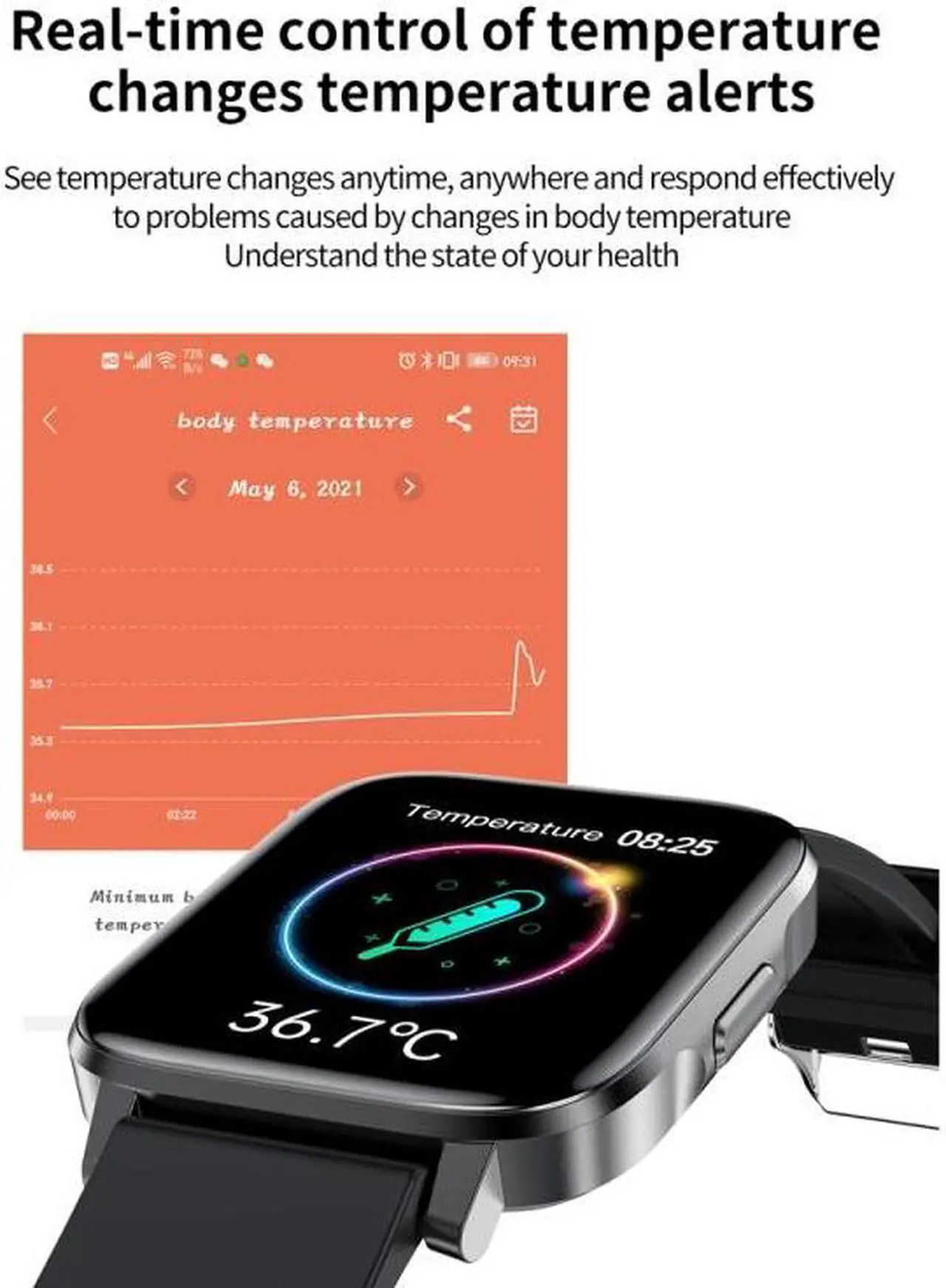 Alt view image 2 of 7 - F60 1.7 inch TFT Touch Screen IP68 Waterproof Smart Watch, Support Body Temperature Monitoring / Heart Rate Monitoring / Blood Pressure Monitoring (Red)