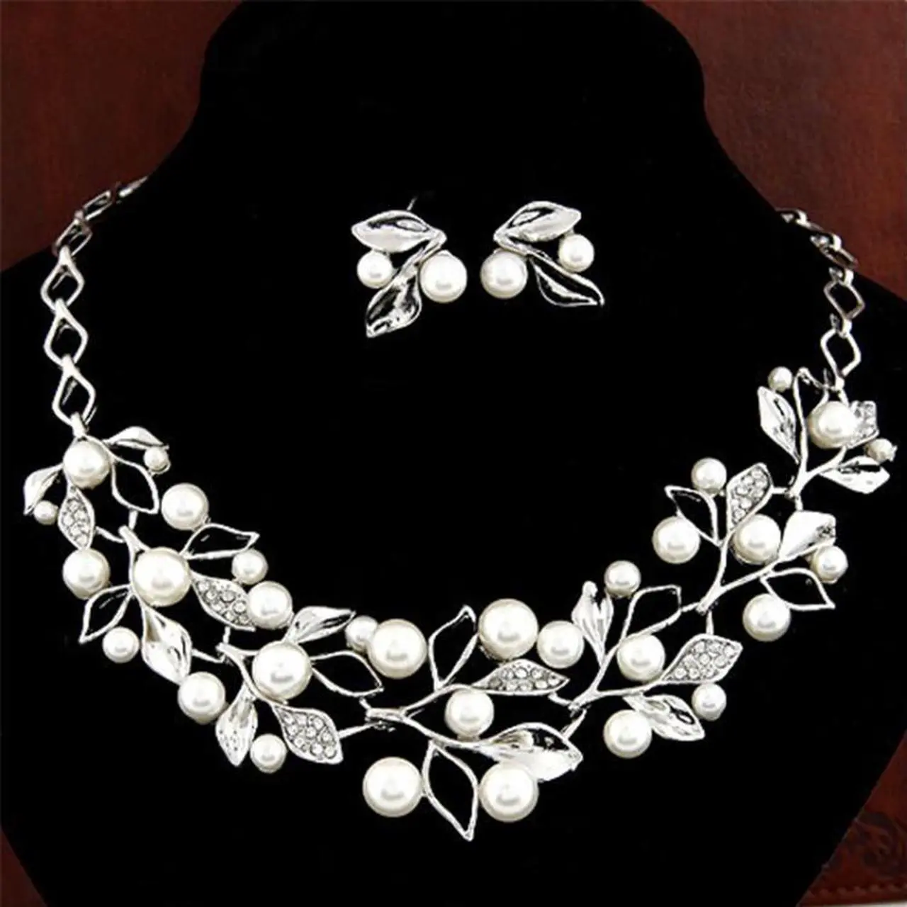 Alt view image 2 of 7 - Leaf Crystal Simulated Pearl Wedding Jewelry Necklaces Earrings Sets (Gold)