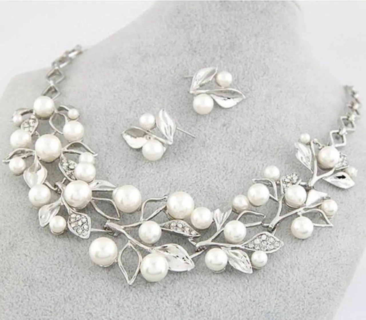 Alt view image 4 of 7 - Leaf Crystal Simulated Pearl Wedding Jewelry Necklaces Earrings Sets (Gold)