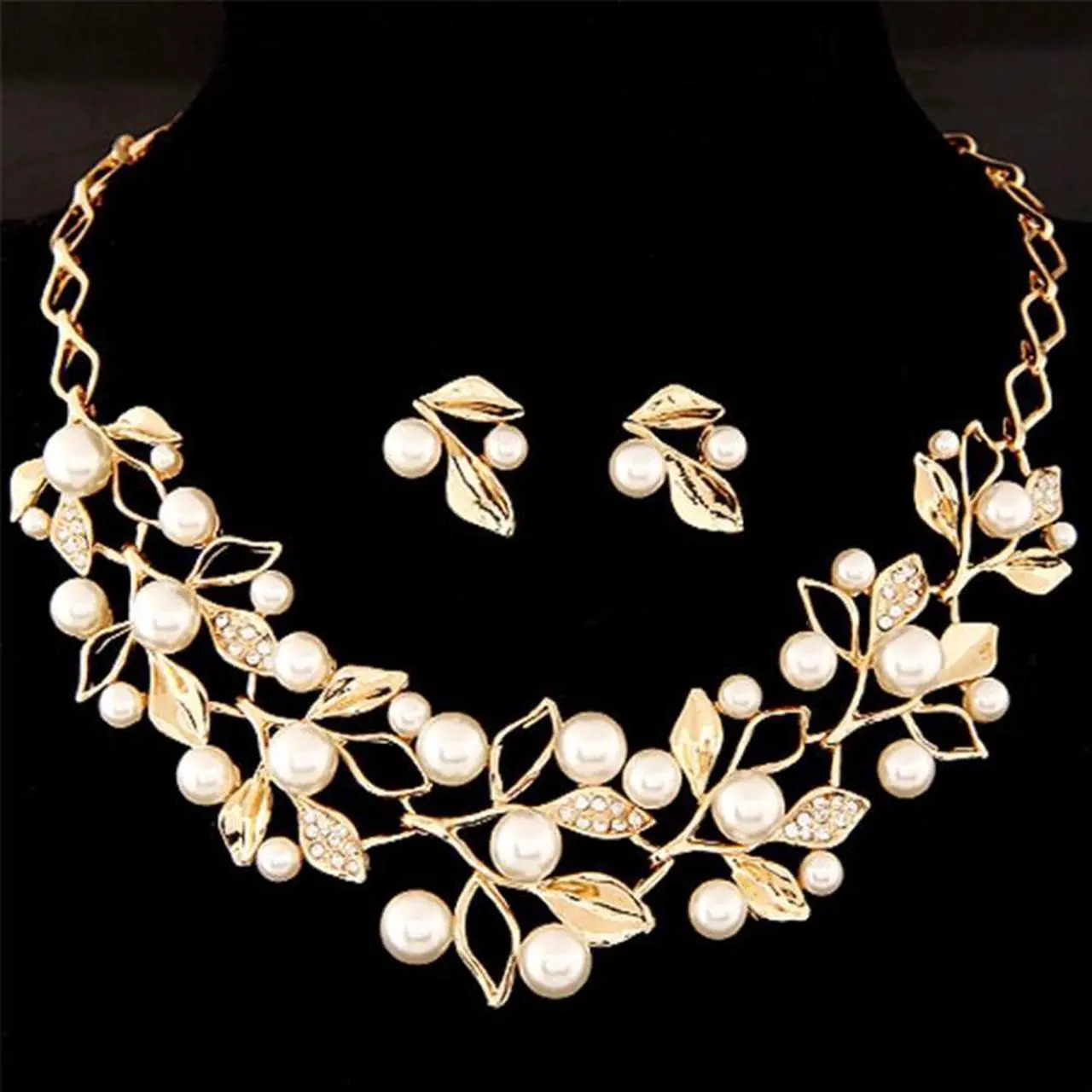 Alt view image 3 of 7 - Leaf Crystal Simulated Pearl Wedding Jewelry Necklaces Earrings Sets (Gold)