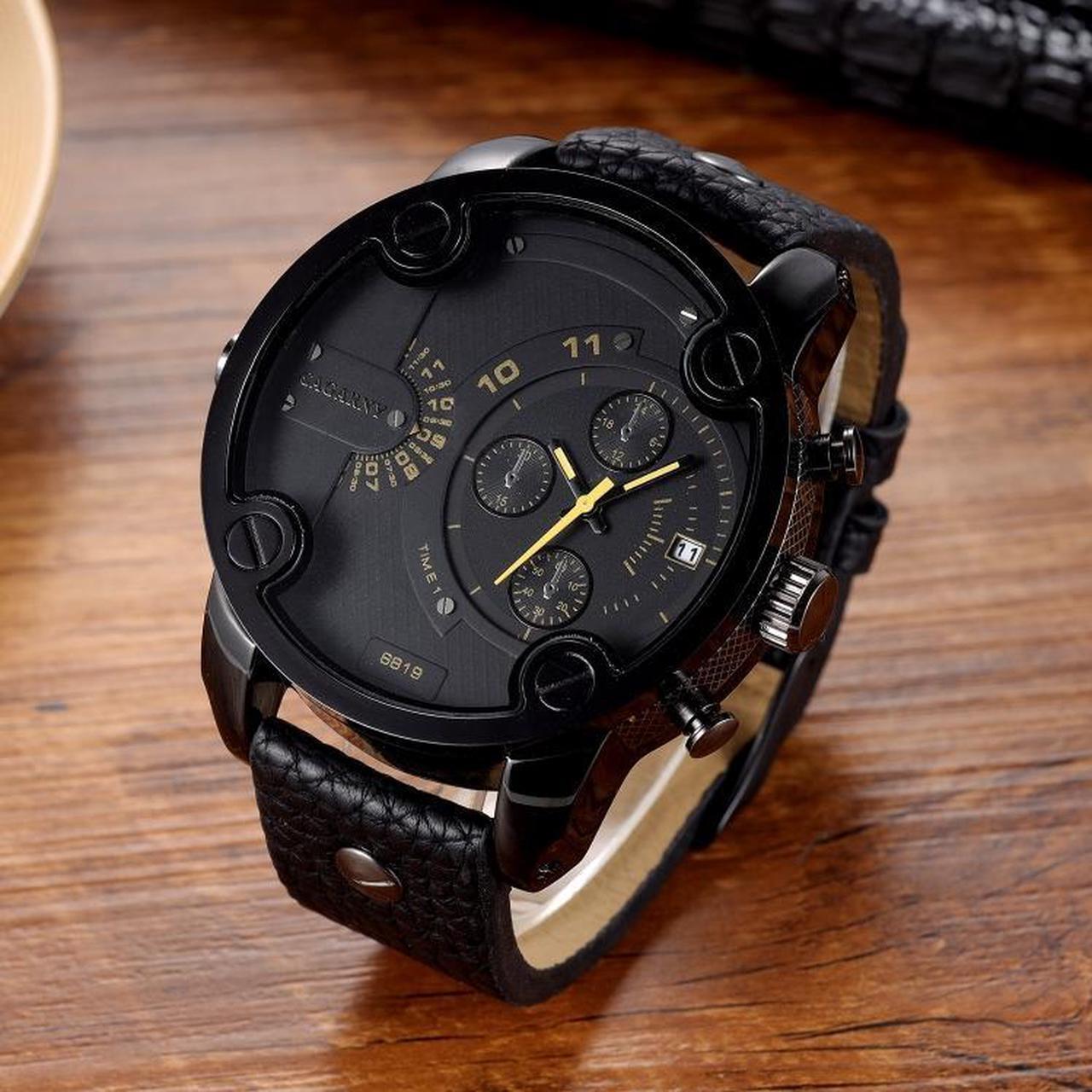 Alt view image 2 of 4 - CAGARNY 6819 Multifunctional Dual Time Zone Quartz Business Sport Watch for Men (Black Shell Black Surface Brown Leather)