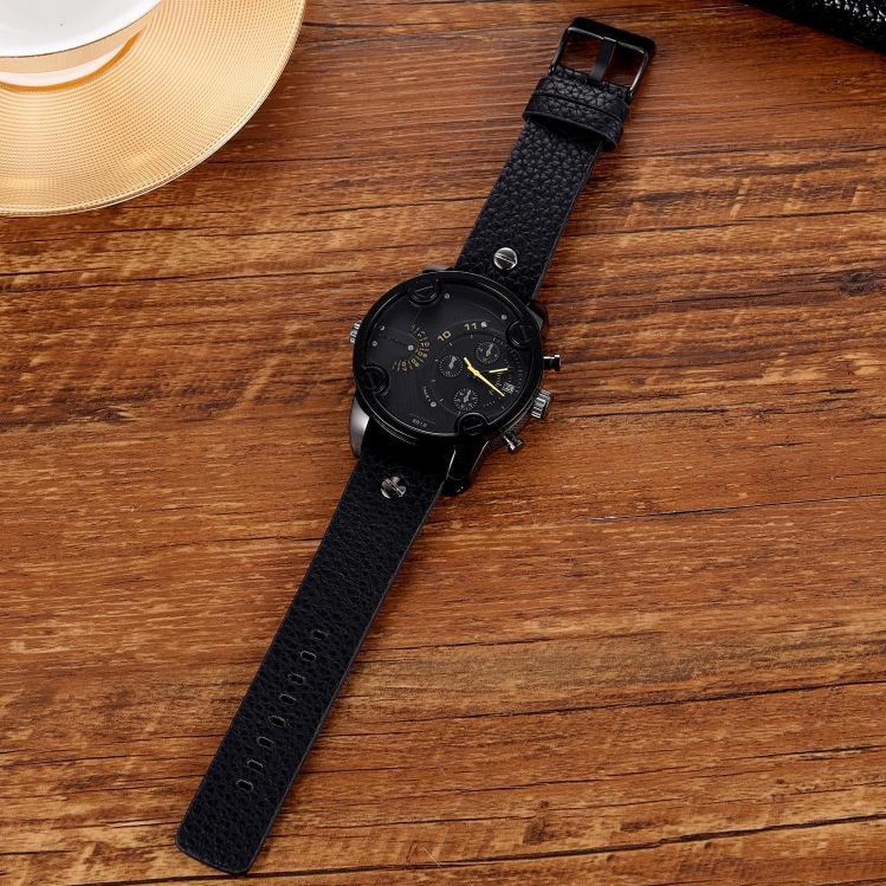 Alt view image 4 of 4 - CAGARNY 6819 Multifunctional Dual Time Zone Quartz Business Sport Watch for Men (Black Shell Black Surface Brown Leather)