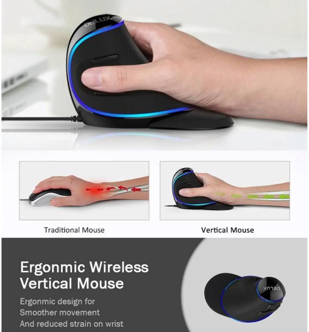 Alt view image 3 of 7 - DELUX M618 Plus Wired Blue Version Optical Mouse Ergonomic Vertical Mouse 1600DPI