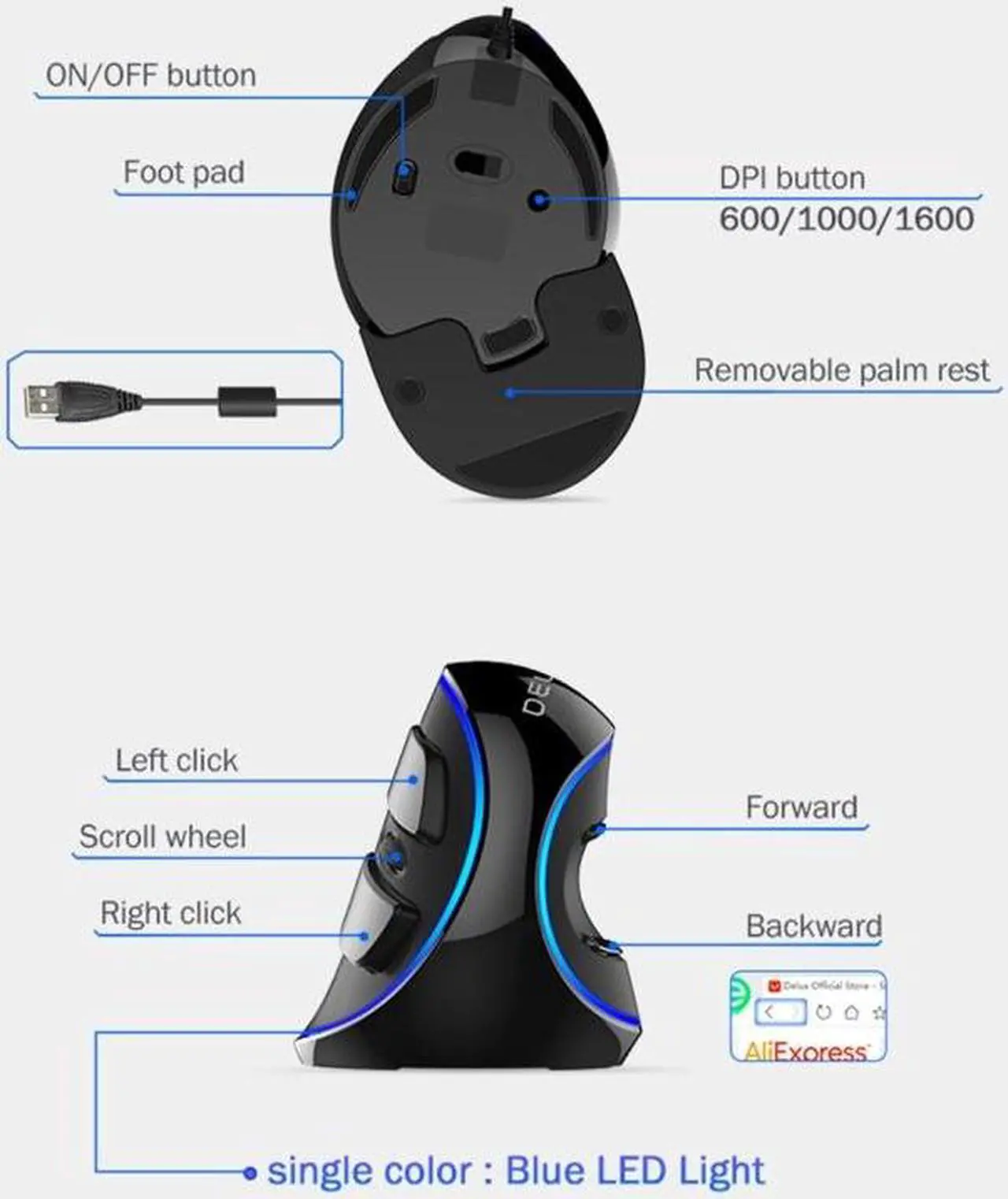 Alt view image 5 of 7 - DELUX M618 Plus Wired Blue Version Optical Mouse Ergonomic Vertical Mouse 1600DPI