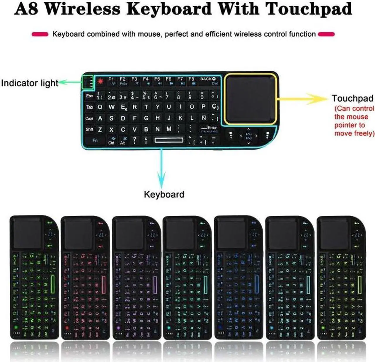 Alt view image 4 of 7 - A8 Mini Wireless Mouse And Keyboard With Laser Touchpad Keyboard, Colour: English Colorful Backlight, Size:English Colorful Backlight