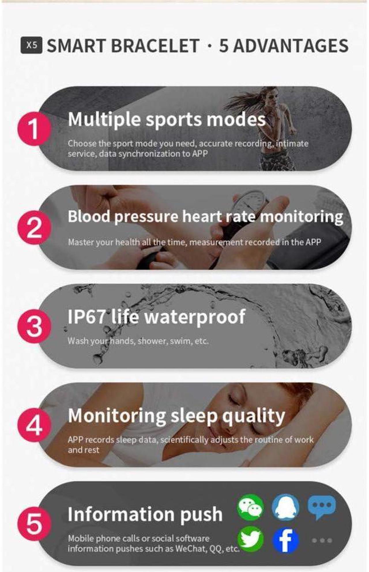 Alt view image 5 of 6 - Smart Wristband Original Sport Smart Bracelet X5 Waterproof Fitness Tracker Heart Rate Blood Pressure Monitor Fitness Bracelet Activity Tracker