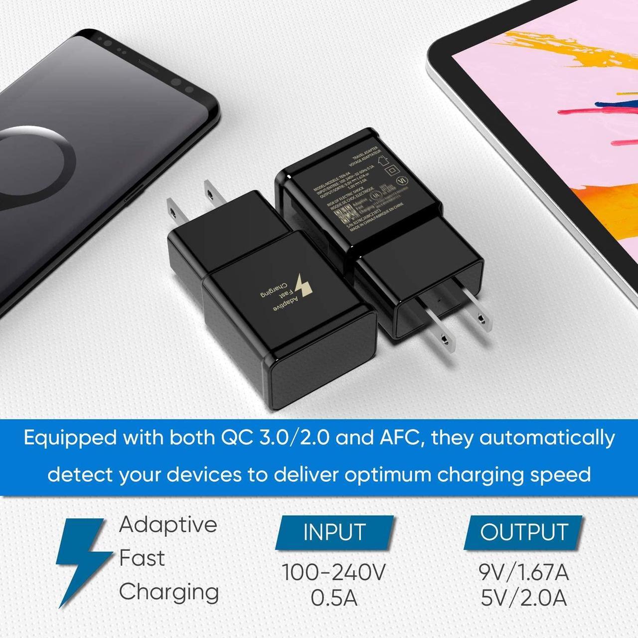 Alt view image 3 of 7 - Adaptive Fast Charging Wall Charger Adapter Compatible Samsung Galaxy S6 S7 S8 S9 S10 / Edge/Plus/Active, Note 5,Note 8, Note 9,LG G5 G6 G7 V20 V30 ThinQ Plus EP-TA20JBE Quick Charge (2 Pack)