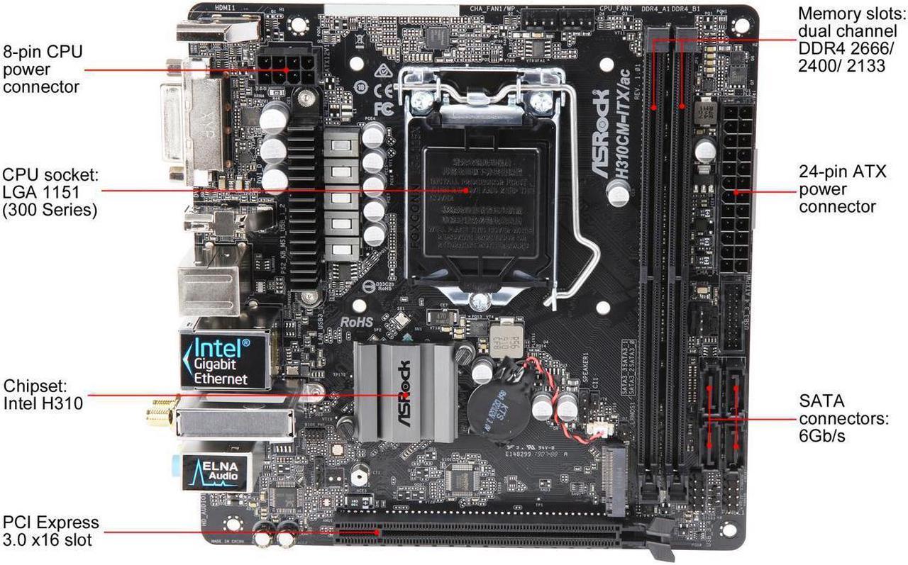 Alt view image 2 of 5 - ASRock H310CM-ITX/ac LGA 1151 (300 Series) Intel H310 SATA 6Gb/s Mini ITX Intel Motherboard