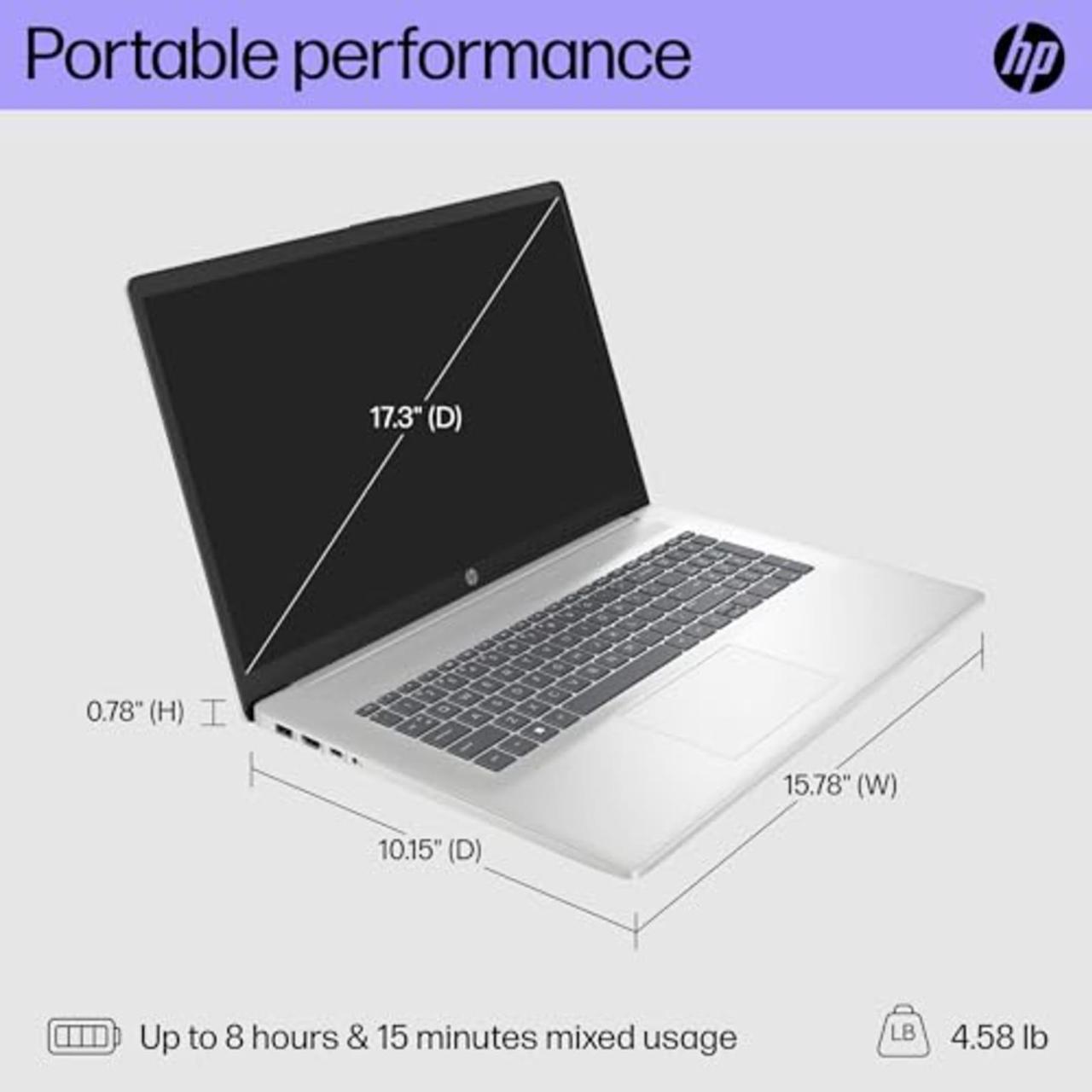 HP HP 17-cp2000 Laptop (2023) | 17.3" 1600x900 HD+ | Ryzen 3 - 7320U - 256GB SSD Hard Drive - 8GB RAM | 4 cores @ 4.1 GHz Win 11 Home Silver