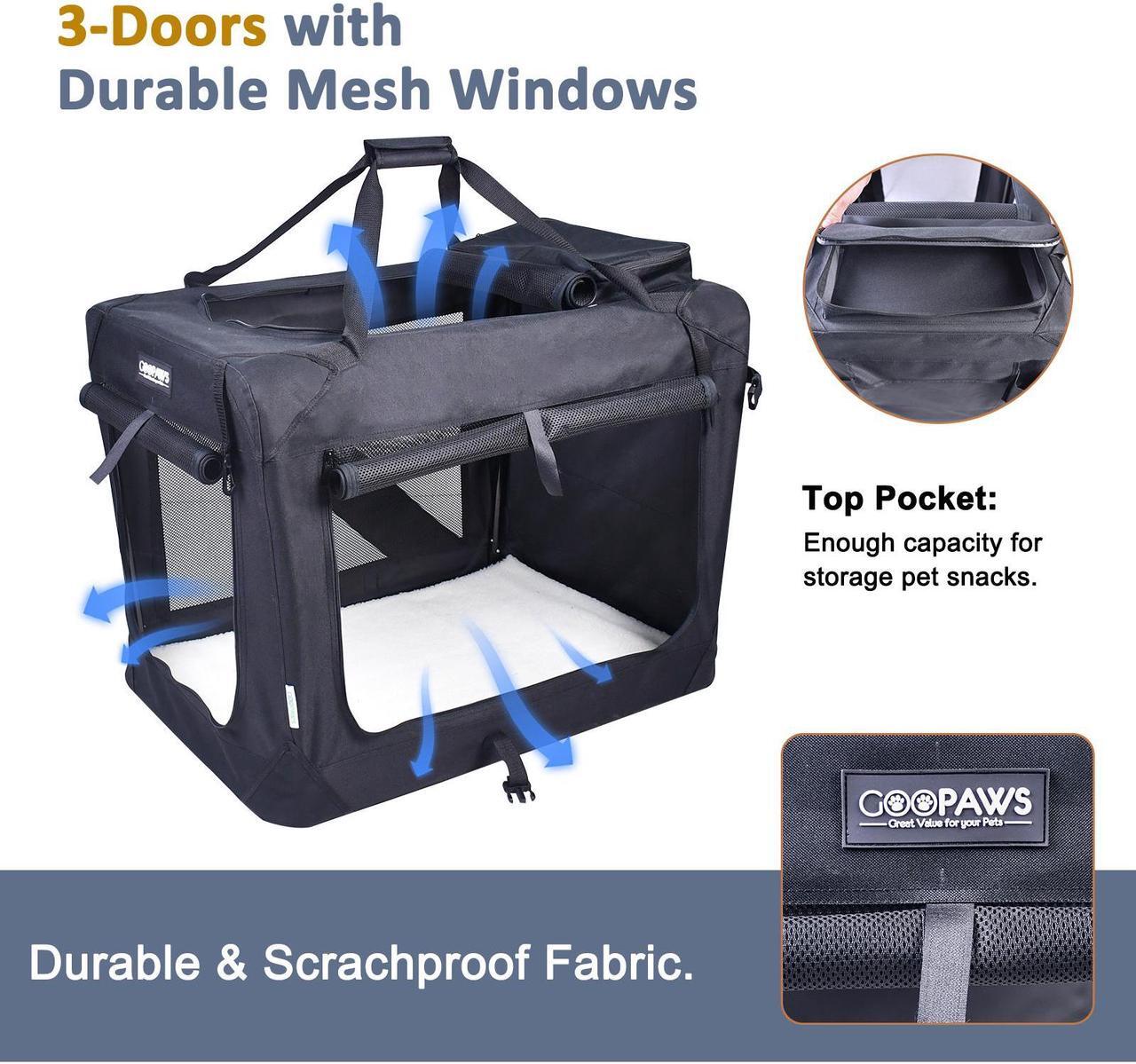 Alt view image 2 of 6 - Jespet Folding Soft Pet Crates Kennel, 3-Door Indoor & Outdoor Collapsible Soft Dog Crate, Travel Pet Carrier with Straps and Fleece Mat for Dogs Cats, Rabbits