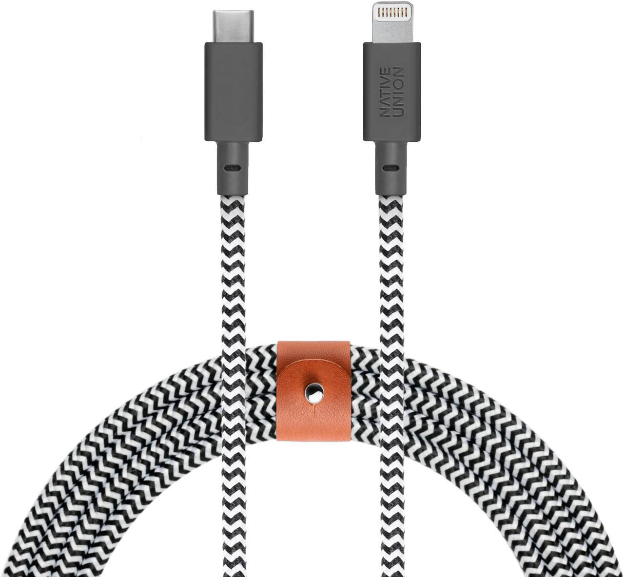 Native Union Belt Cable XL - 10ft Ultra-Strong Reinforced Durable USB-C to Lightning [MFi Certified] Charging Cable with Leather Strap for iPhone/iPad (Zebra)