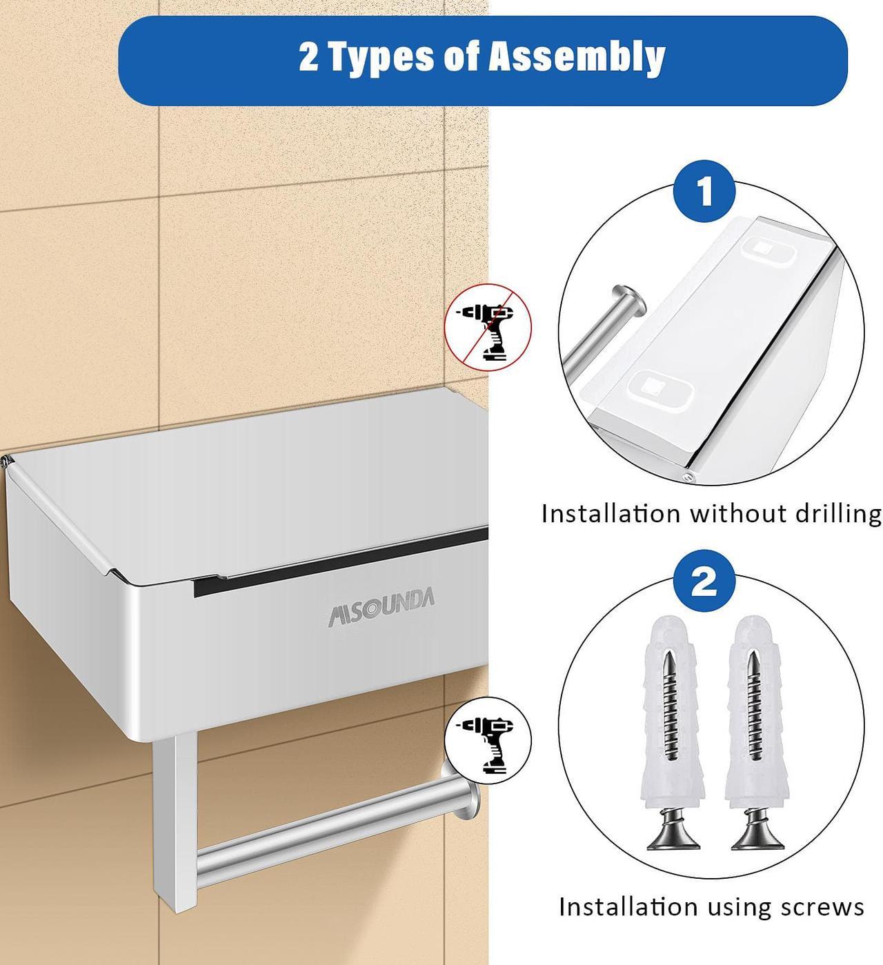 Alt view image 5 of 7 - Misounda Toilet Paper Holder Without Drilling with Wet Wipes Box Flushable Wet Wipe Dispenser Stainless Steel Toilet Paper Holder with Shelf Self-Adhesive or Wall Mounting Bathroom Toilet
