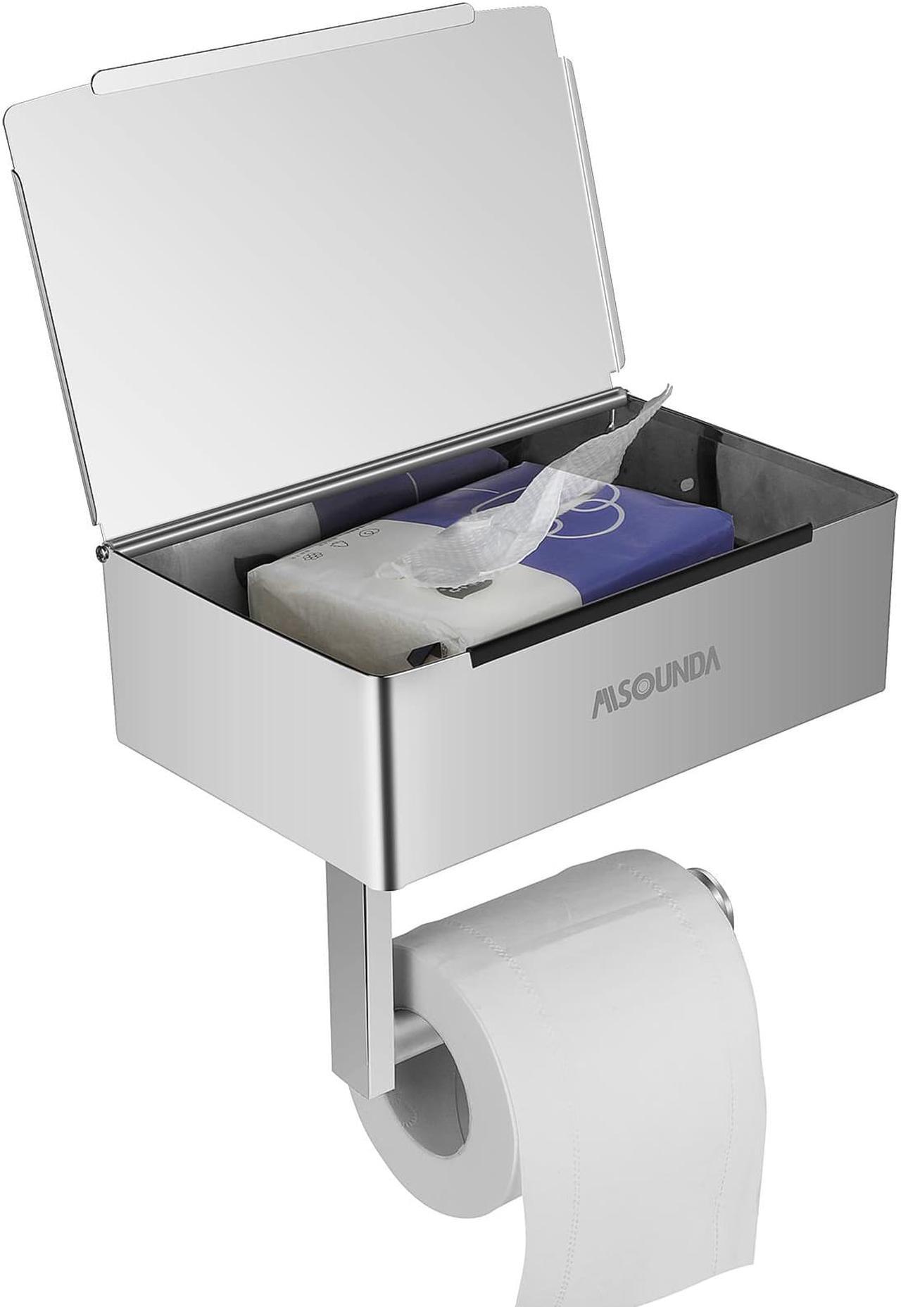 Main image of Misounda Toilet Paper Holder Without Drilling with Wet Wipes Box Flushable Wet Wipe Dispenser Stainless Steel Toilet Paper Holder with Shelf Self-Adhesive or Wall Mounting Bathroom Toilet