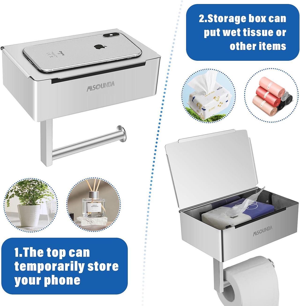 Alt view image 7 of 7 - Misounda Toilet Paper Holder Without Drilling with Wet Wipes Box Flushable Wet Wipe Dispenser Stainless Steel Toilet Paper Holder with Shelf Self-Adhesive or Wall Mounting Bathroom Toilet